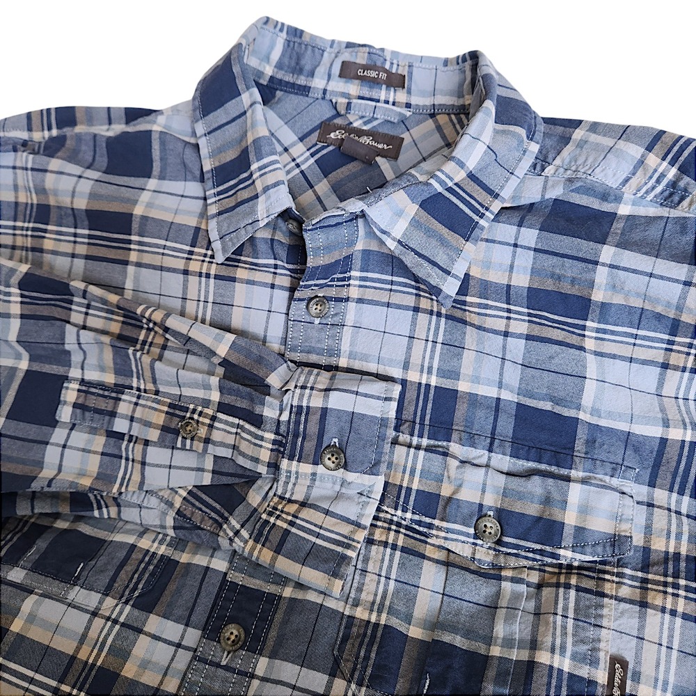 Eddie Bauer Shirt Mens XL TraveX Plaid Button‎ Up Outdoor Blue Pockets Gorpcore